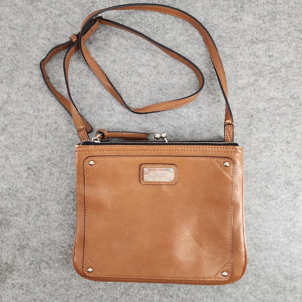 Nine‎ West Brown Faux Leather Kiss Lock Crossbody Bag Womens OS